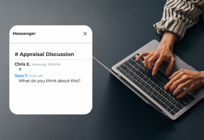 A messenger bubble overlays an image of a person typing on a laptop